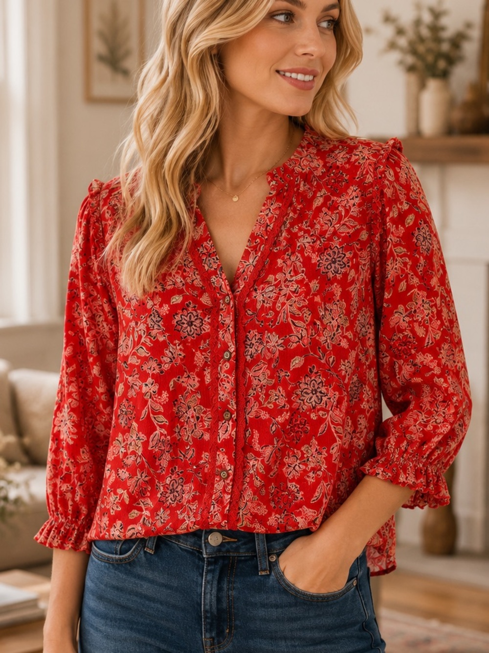 Democracy Sz S Vibrant Red Floral Top 3/4 Sleeve Ruffle Lace Detail Cottagecore